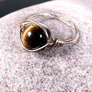 Wire Wrapped Tiger's Eye Ring Size‎ 8 Gold Tone Natural Stone Southwestern